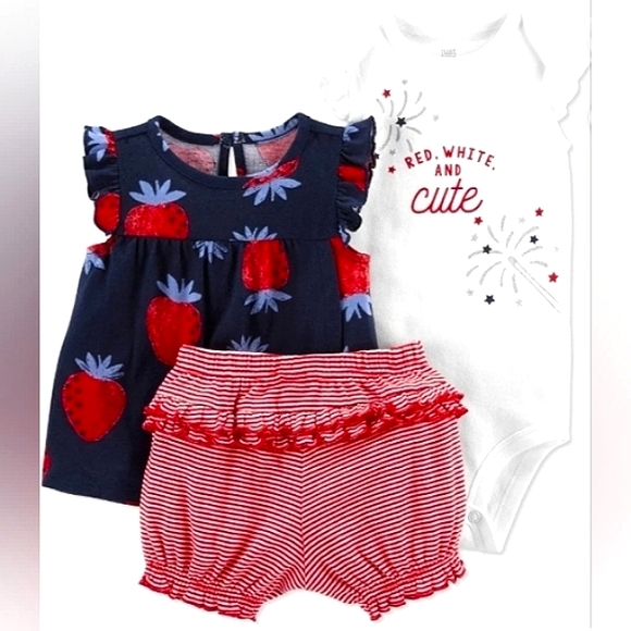☆NWT☆Sweet 🍓 Strawberry NB Carter's Girl 3 Piece Fireworks Short Set☆Adorable - Picture 1 of 11